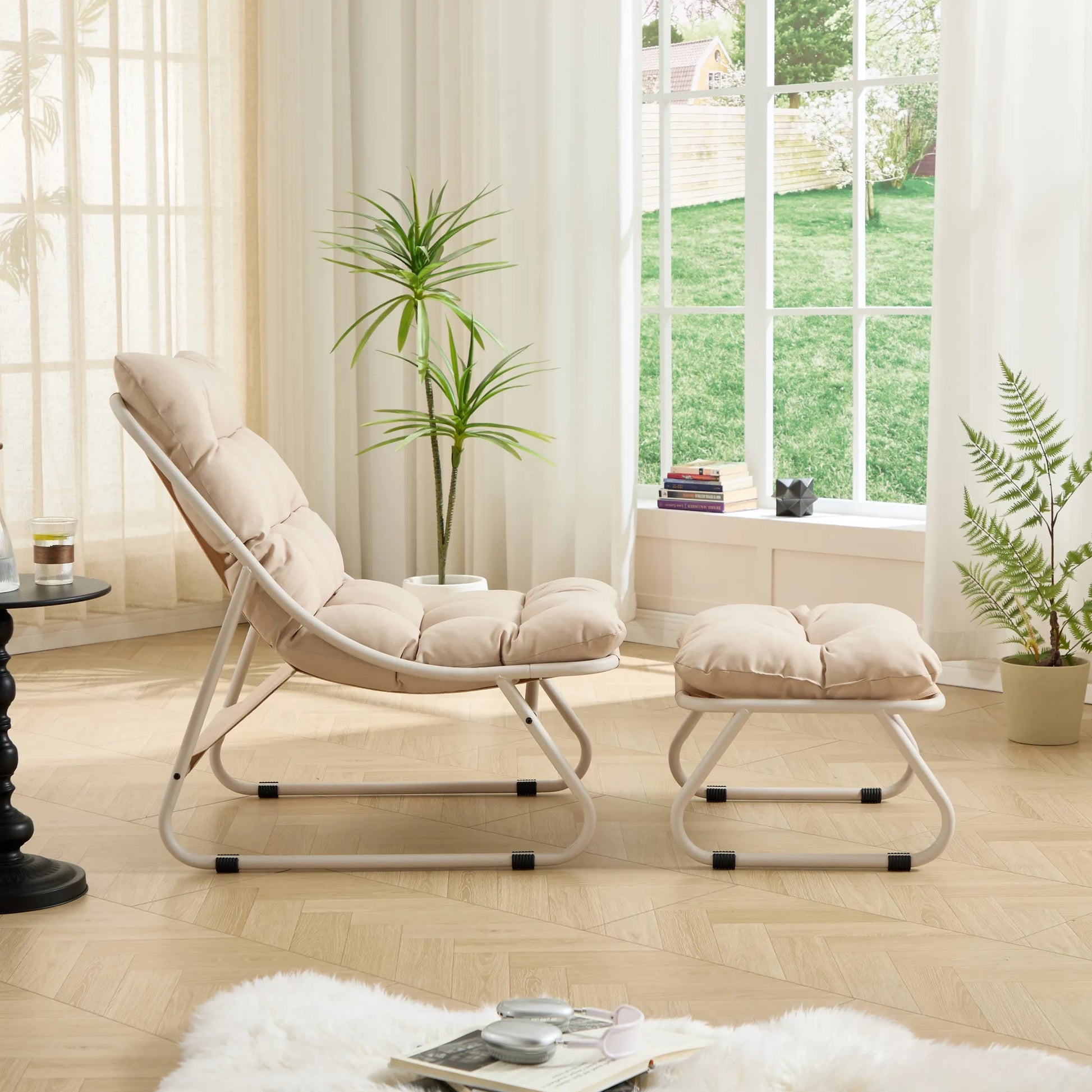 Patio Outdoor Lounge Chair with Ottoman, Comfy Sling Recliner Chair with Puffy Cushion and Foot Stool, Ideal for Living Room, Bedroom, Reading Room – view 4