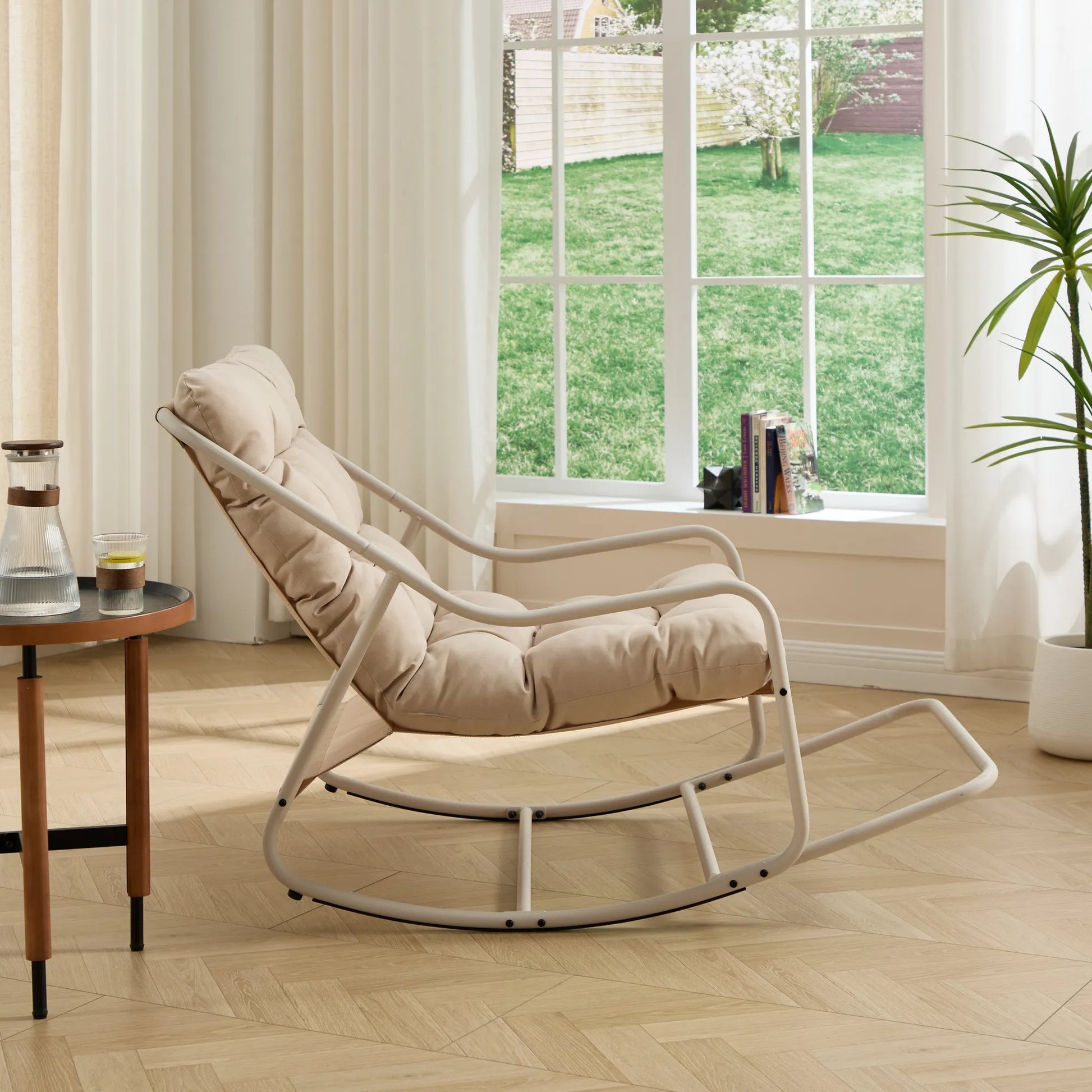 Outdoor Rocking Chair, Comfy Cushion, with Soft Thick Cushion,for Living Room, Bedroom, Reading Room, Beige Frame with Beige Cushion – view 4