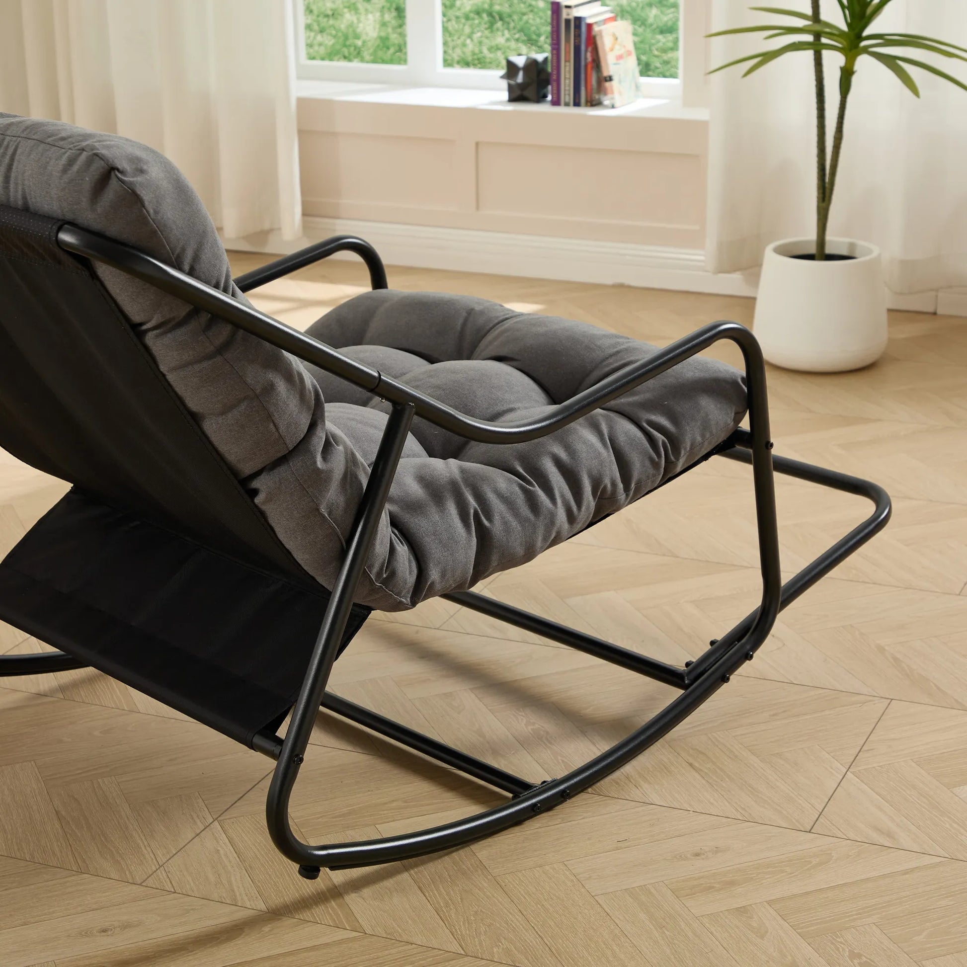 Outdoor Rocking Chair, Comfy Cushion, with Soft Thick Cushion,for Living Room, Bedroom, Reading Room, Black Frame with Grey Cushion – view 4