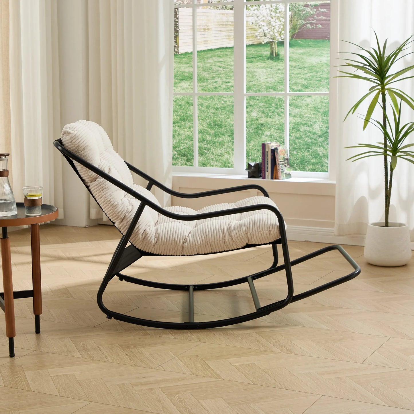Outdoor Rocking Chair, Comfy Cushion, with Soft Thick Cushion,for Living Room, Bedroom, Reading Room, Black Frame with White Cushion – view 4
