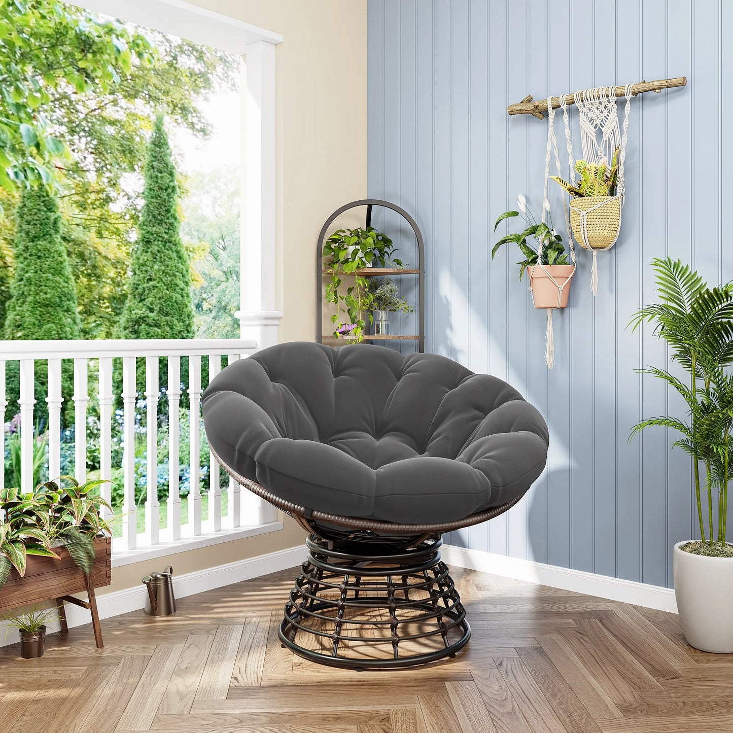 Comfortable Ergonomic Wicker Papasan Chair, 360° Swivel Indoor Outdoor Rattan Chair with Soft Thick Cushion, Ideal for Living Room, Bedroom, Reading – view 4