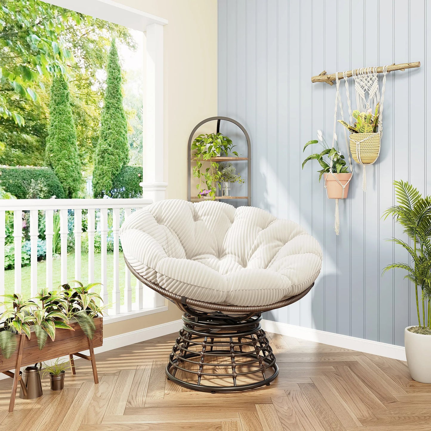 Comfortable Ergonomic Wicker Papasan Chair, 360° Swivel Indoor Outdoor Rattan Chair with Soft Thick Cushion, Ideal for Living Room, Bedroom, Reading – view 4