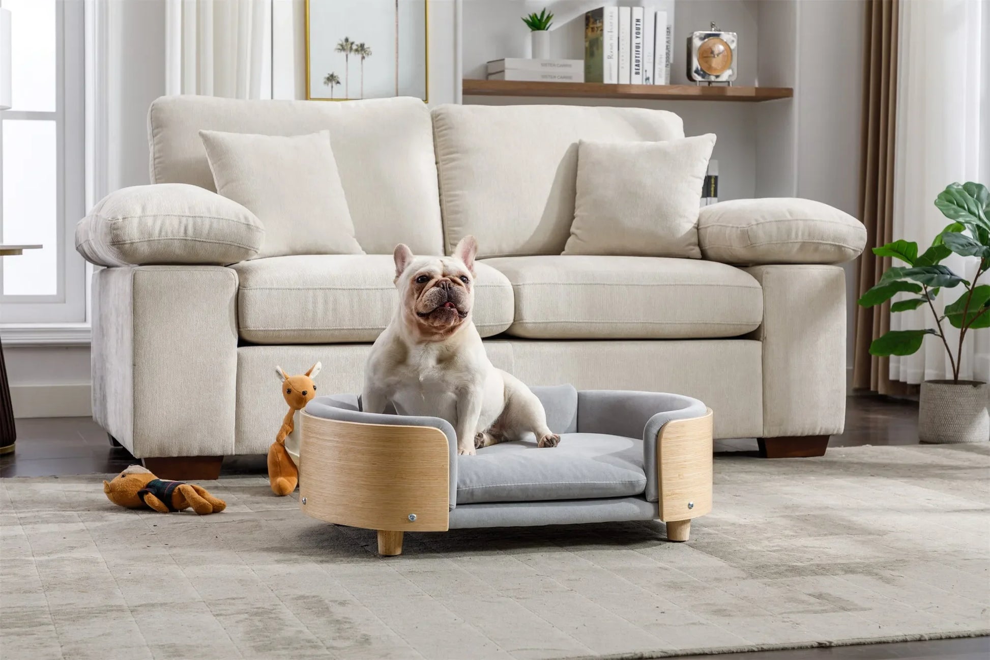Scandinavian style Elevated Dog Bed Pet Sofa With Solid Wood legs and Bent Wood Back, Velvet Cushion,Mid Size Light Grey – view 4