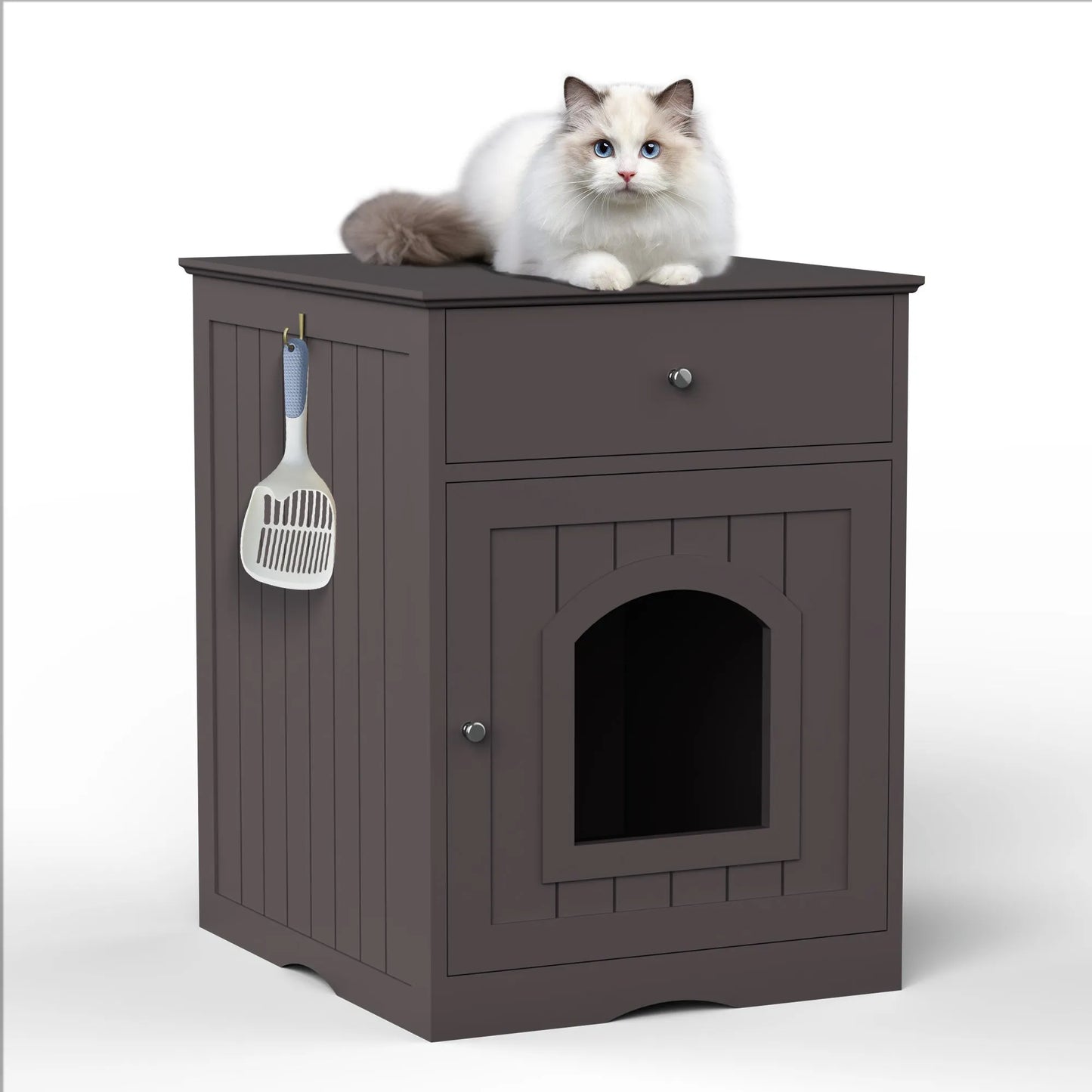Brown Wooden Pet House Cat Litter Box Enclosure with Drawer, Side Table, Indoor Pet Crate, Cat Home Nightstand – view 4