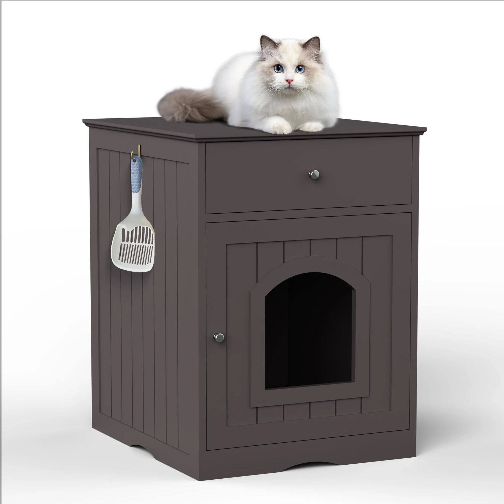 Brown Wooden Pet House Cat Litter Box Enclosure with Drawer, Side Table, Indoor Pet Crate, Cat Home Nightstand – view 4