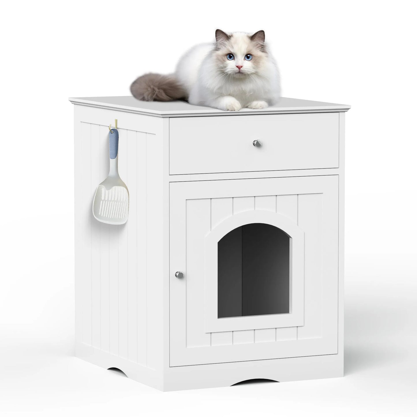 White Wooden Pet House Cat Litter Box Enclosure with Drawer and Side Table, Indoor Cat Home Nightstand for Small Cats, MDF Construction, 18.9'' W x – view 4