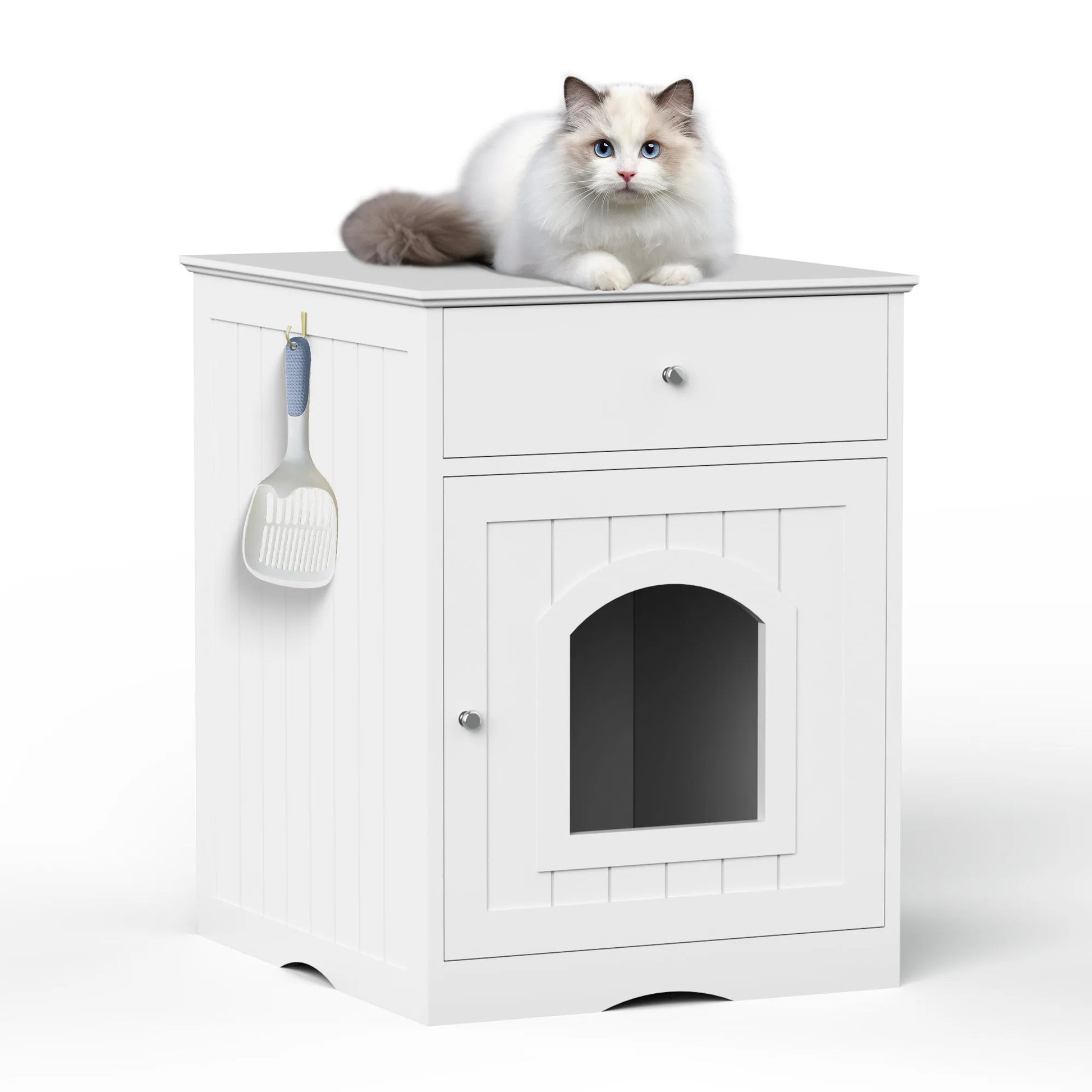 White Wooden Pet House Cat Litter Box Enclosure with Drawer and Side Table, Indoor Cat Home Nightstand for Small Cats, MDF Construction, 18.9'' W x – view 4