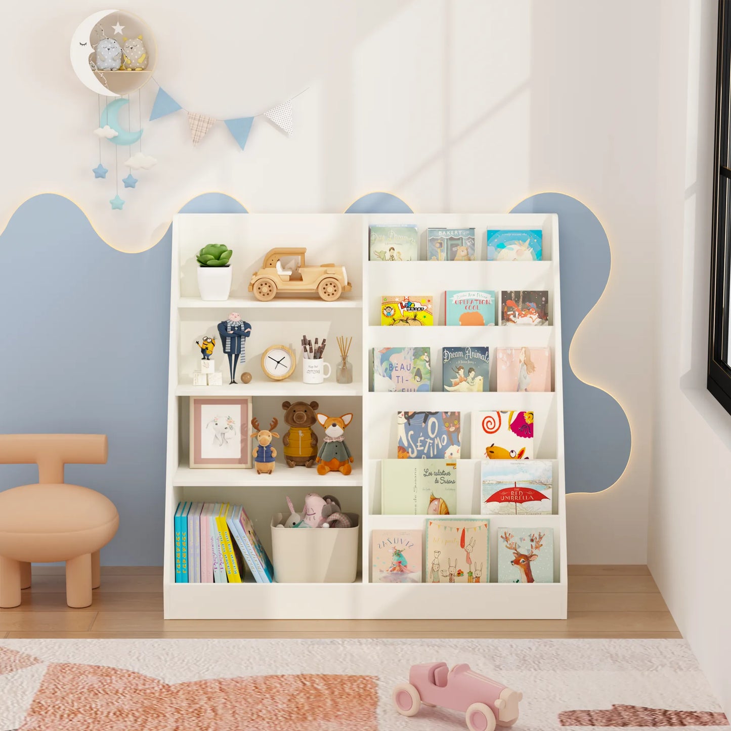 Kids Bookshelf and Toy Storage Organizer, Multifunctional 4-Tier White Wooden Bookcase with Toy Bin for Nursery, Playroom, or Kids Room – view 4
