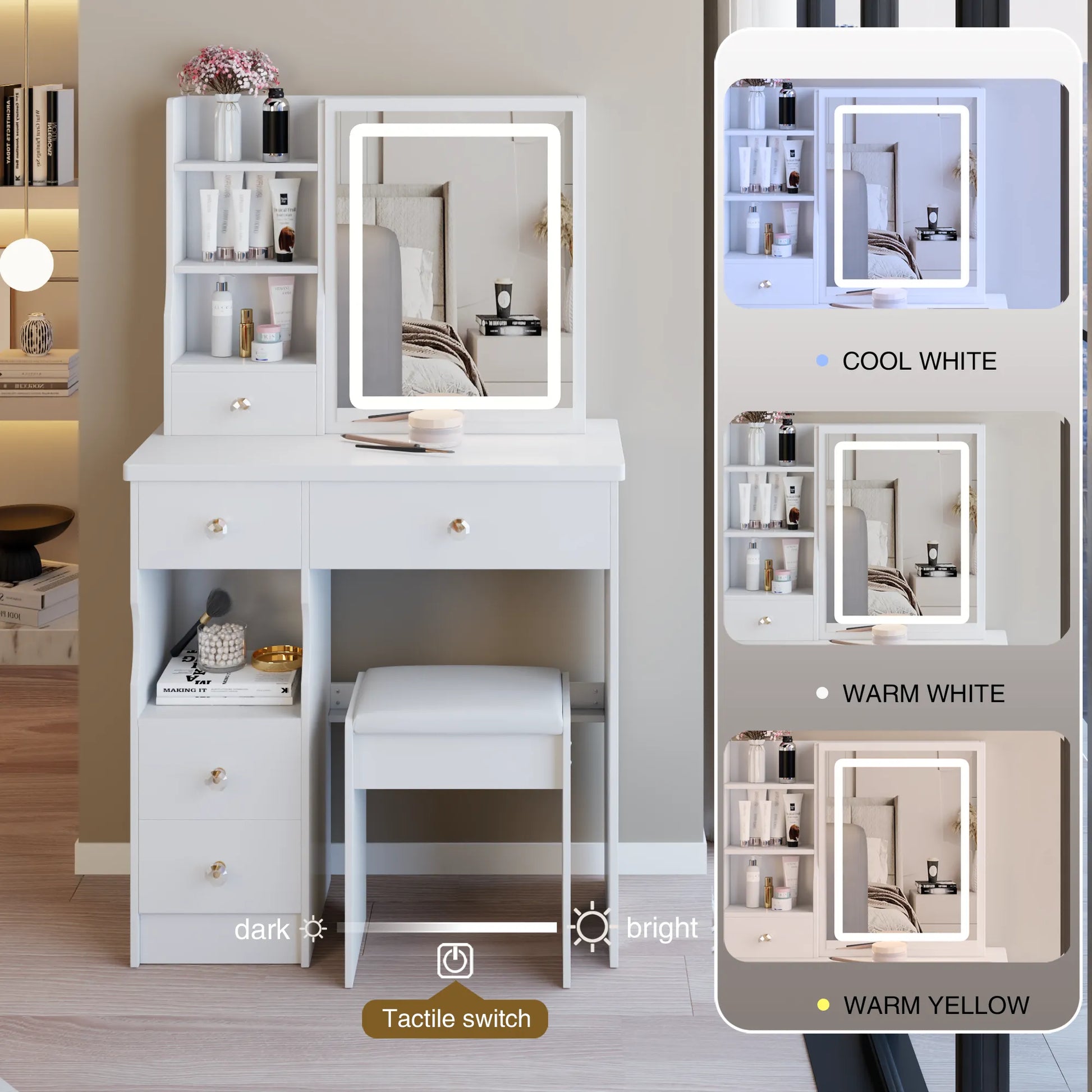 29.2' Small Size Left Drawer Desktop Vanity Table + Cushioned Stool, Large Sliding, Touch Control, Tri-color Switching, Brightness Adjust LED Mirror – view 4