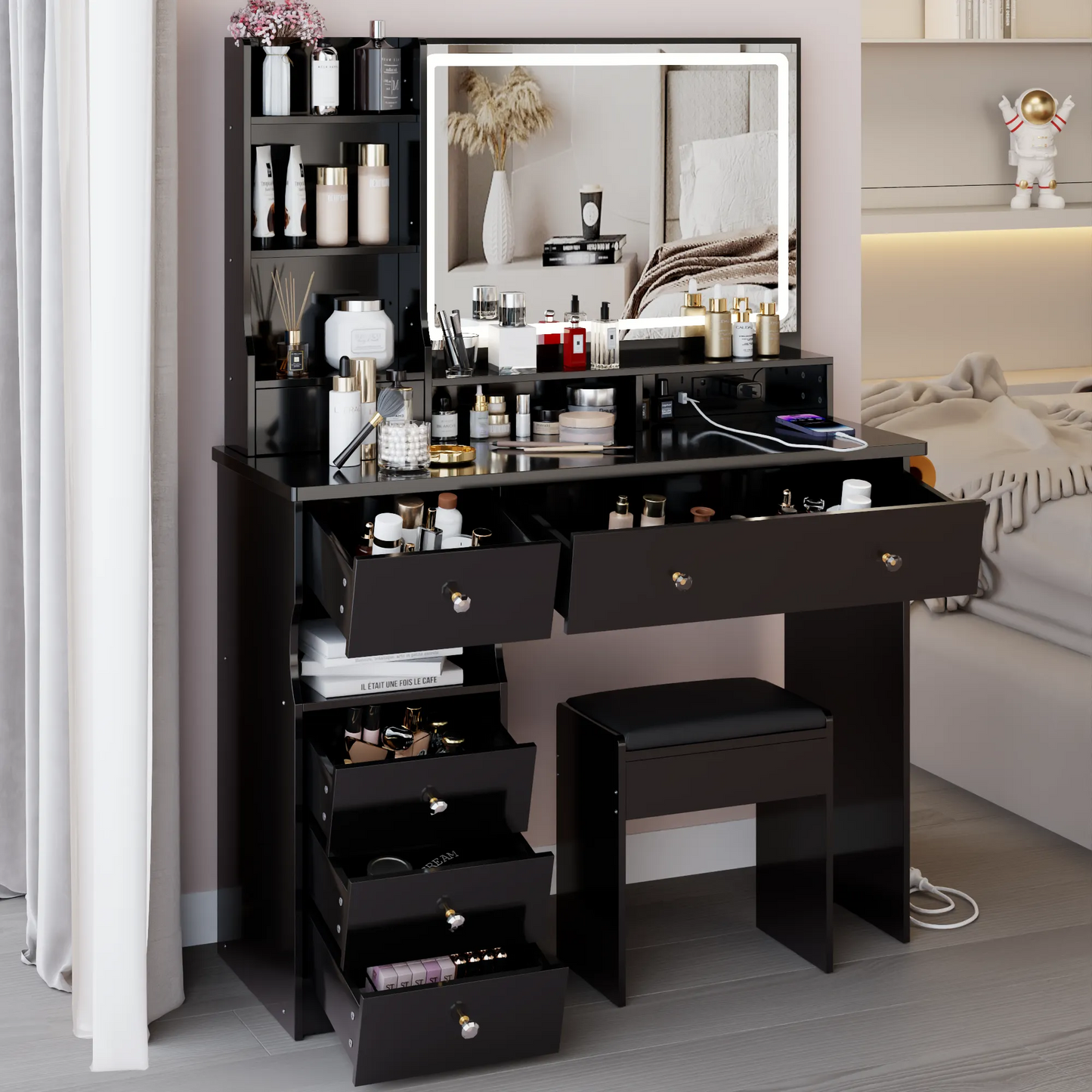 41' Large Size Left Drawer Desktop Vanity Table+Cushioned Stool Dresser Set, 2 AC+2 USB Power Station, Hair Dryer Stand, Extra Large Touch Control – view 4