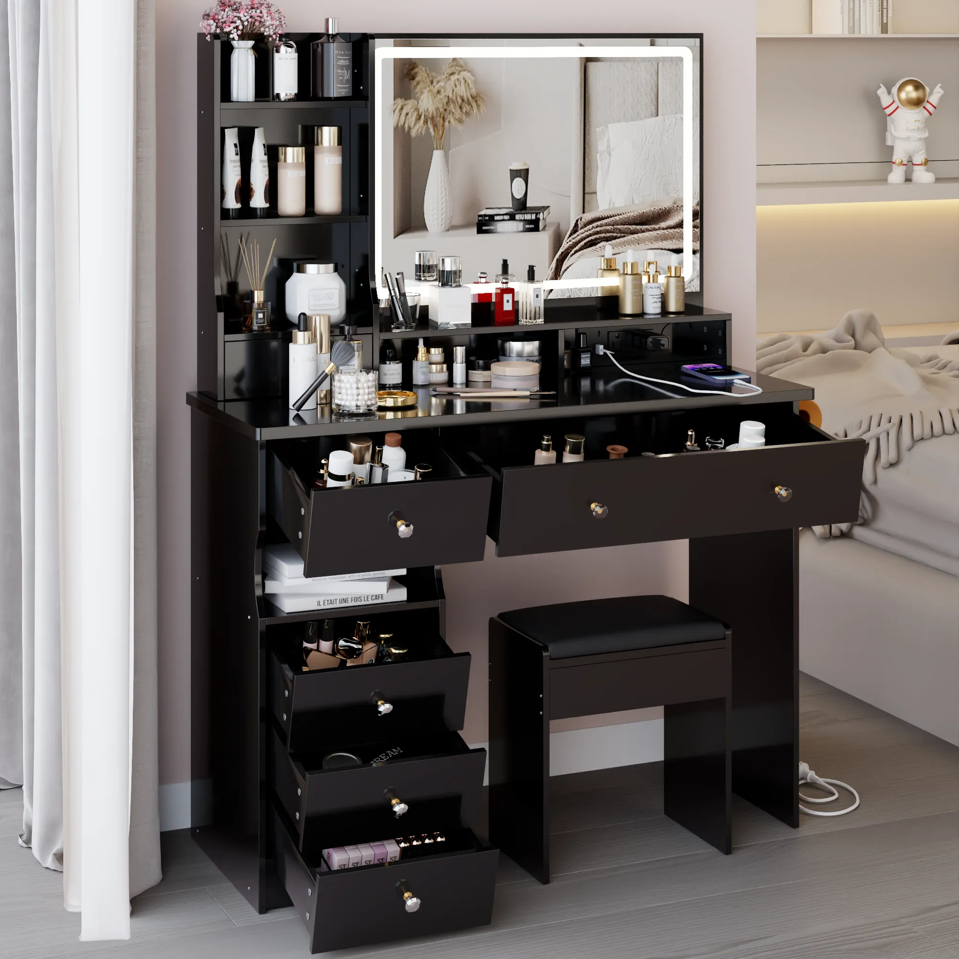 41' Large Size Left Drawer Desktop Vanity Table+Cushioned Stool Dresser Set, 2 AC+2 USB Power Station, Hair Dryer Stand, Extra Large Touch Control – view 4