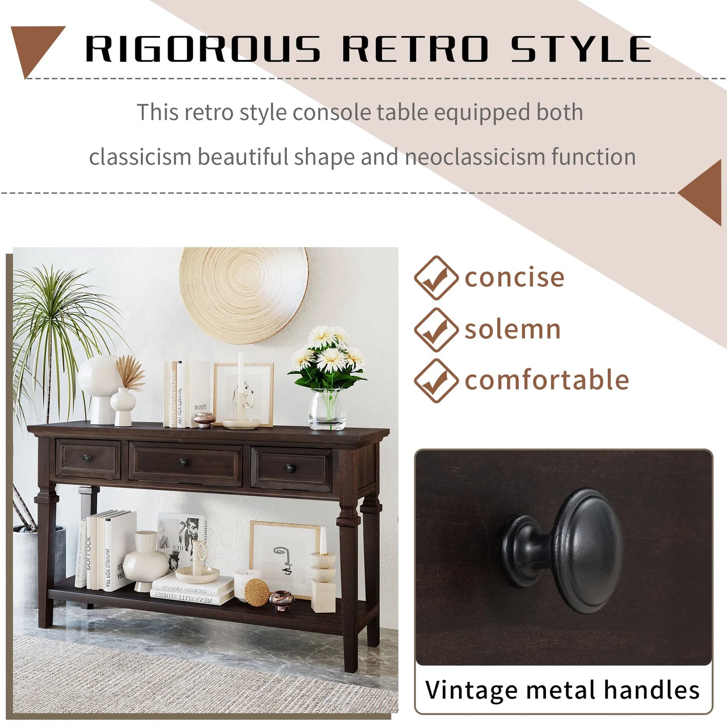 Classic Retro Style Console Table with Three Top Drawers and Open Style Bottom Shelf, Easy Assembly (Espresso) – view 4