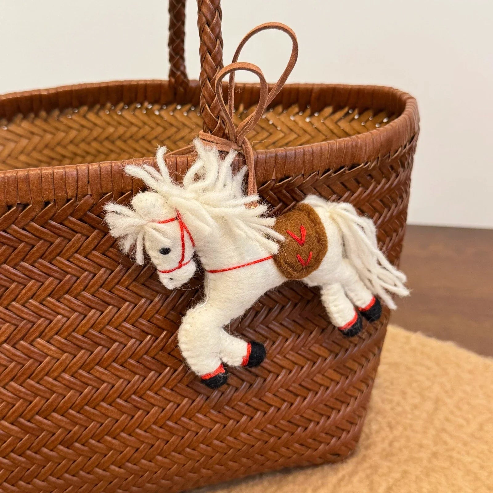 White handmade wool felt horse charm
