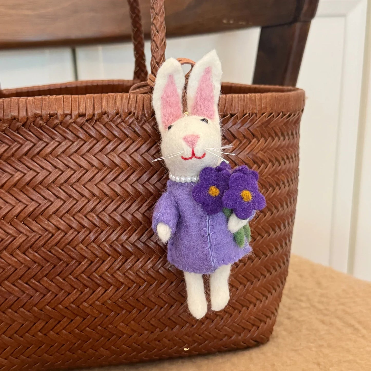 White rabbit with purple flower wool felt charm