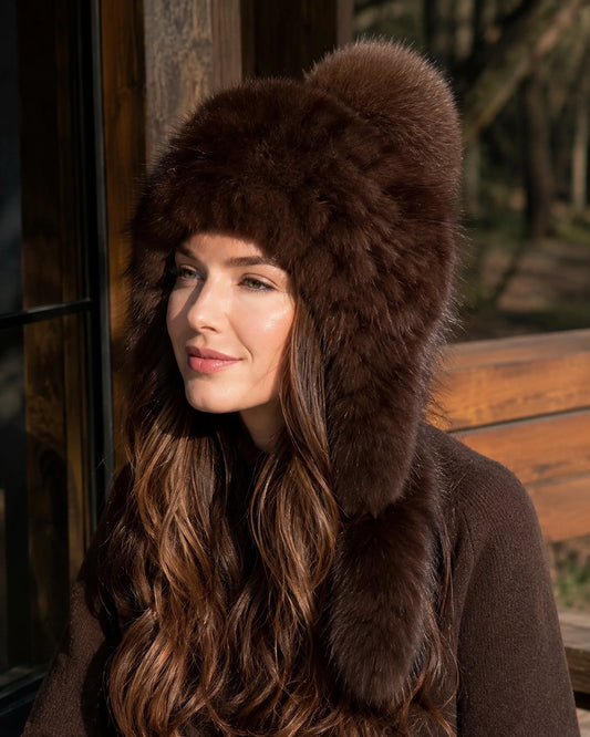 Women's sable fur earflap hat worn with full ear coverage by a winter cabin