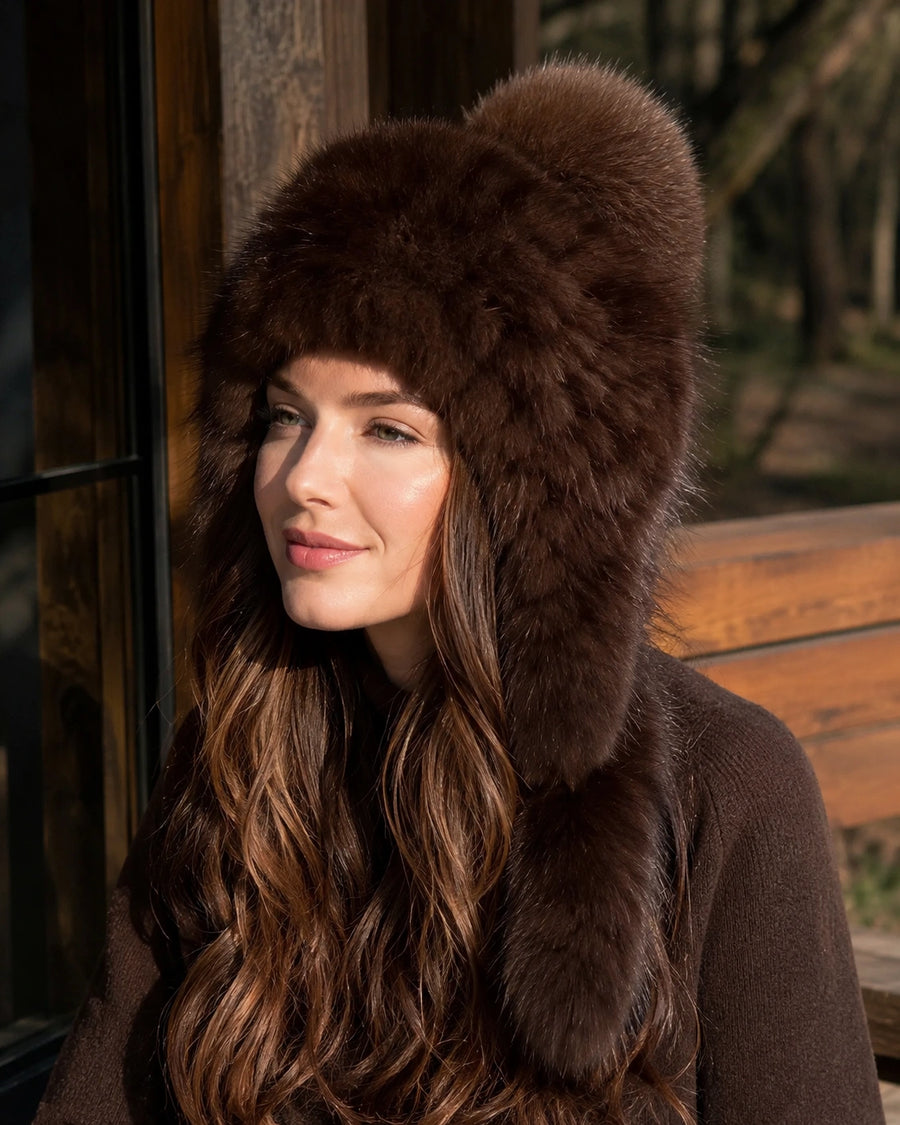 Women's sable fur earflap hat worn with full ear coverage by a winter cabin
