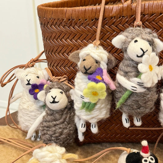 Handmade wool felt sheep bag charm – wool felt sheep charms styling view