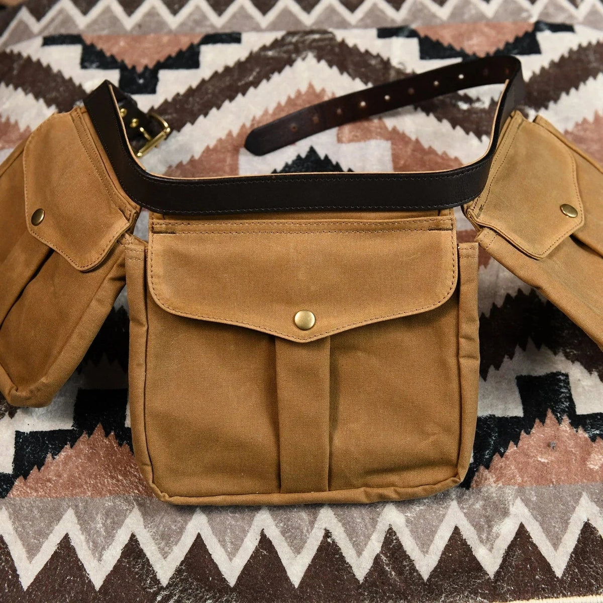 Khaki waxed canvas multi-pocket waist bag