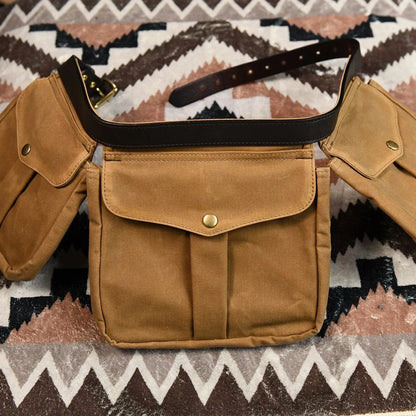 Khaki waxed canvas multi-pocket waist bag