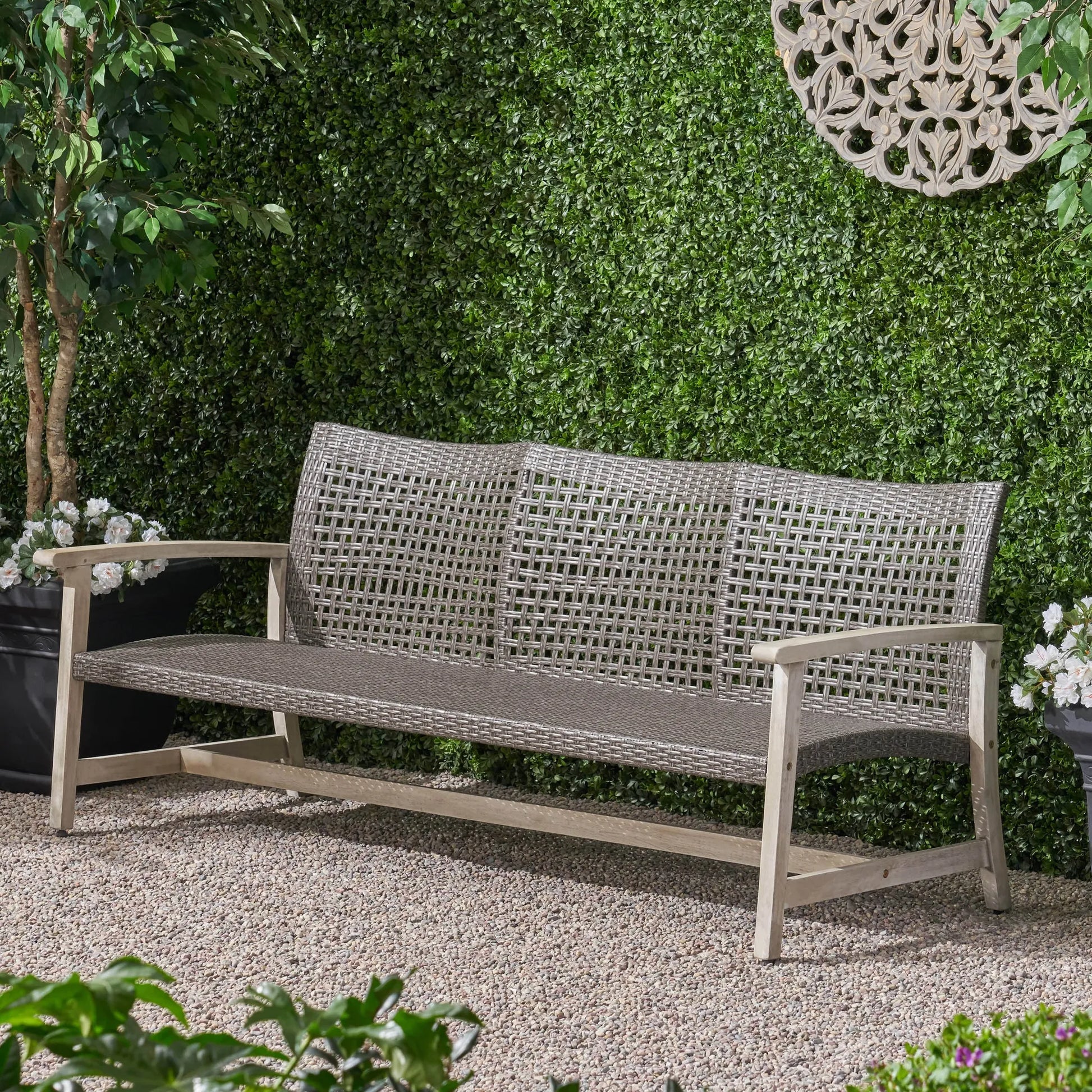 Outdoor Acacia Wood Wicker 3 Seater Sofa, Patio Furniture Conversation Set for Backyard – view 5