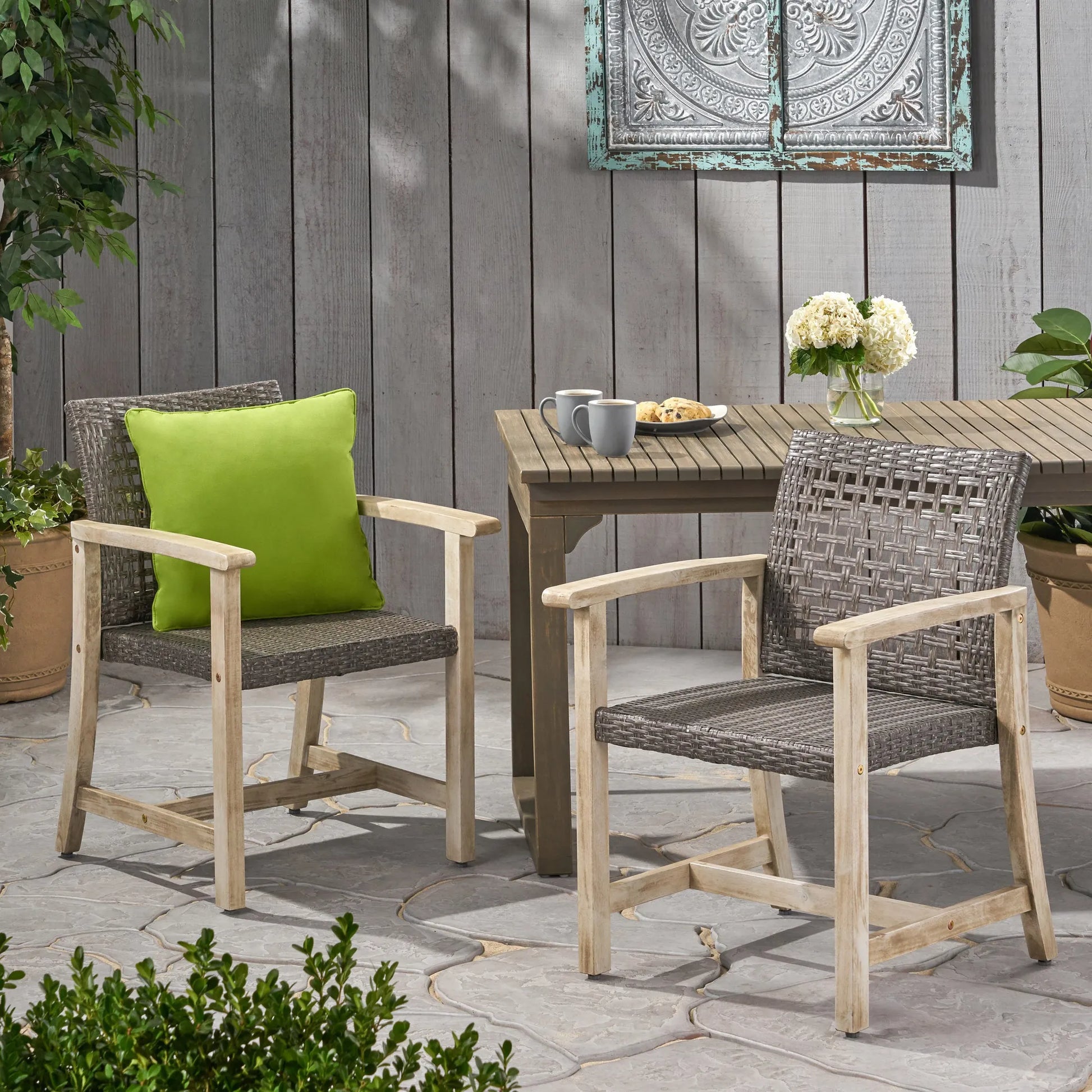 Outdoor Dining Chair Set of 2, Light Grey Wash Acacia Wood Frame and Mix Black PE Rattan Wicker – view 5