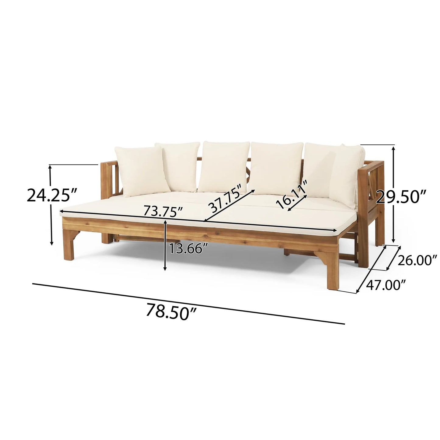 Outdoor Extendable Acacia Wood 3 Seater Sofa, Upholstered Cushion Couch, Daybed Sofa Chair, Spacious Seating Lounge Chair, Patio Daybed Sofa for – view 5