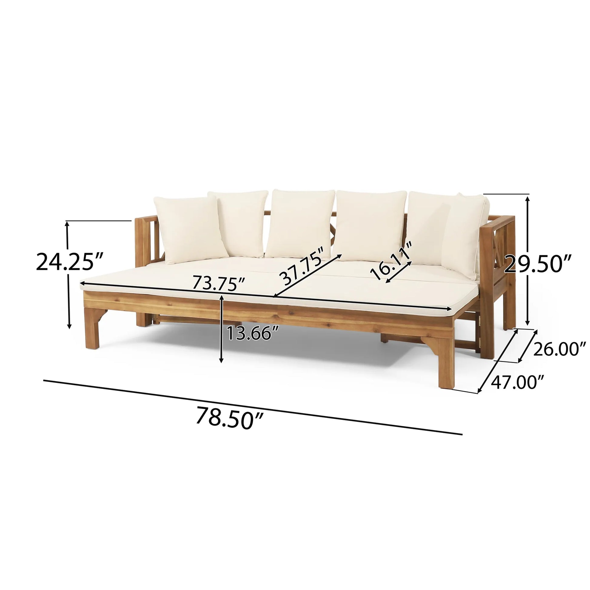 Outdoor Extendable Acacia Wood 3 Seater Sofa, Upholstered Cushion Couch, Daybed Sofa Chair, Spacious Seating Lounge Chair, Patio Daybed Sofa for – view 5