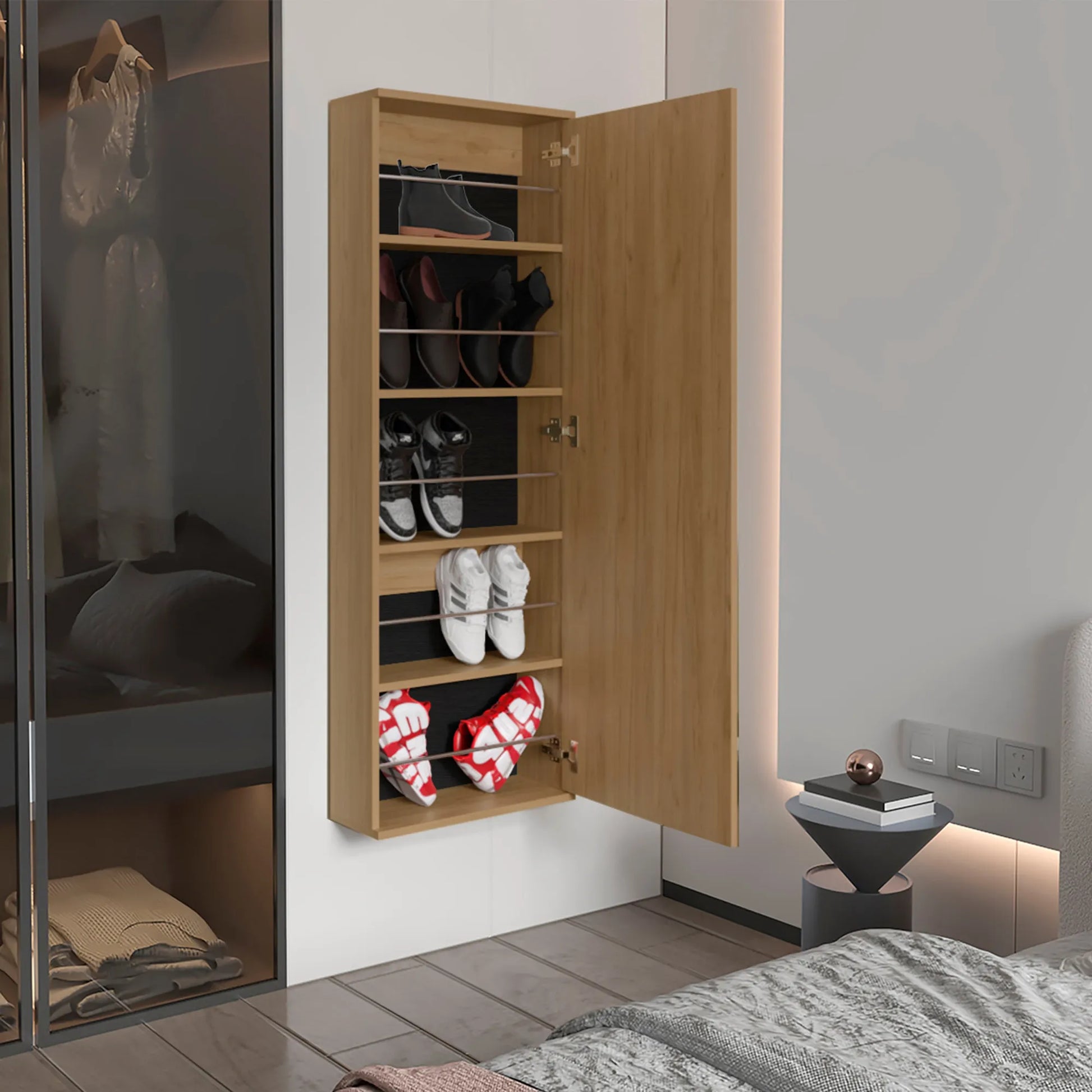 Wall Mounted Shoe Rack With Mirror, Single Door, Capacity For Ten Shoes Natural Oak – view 5