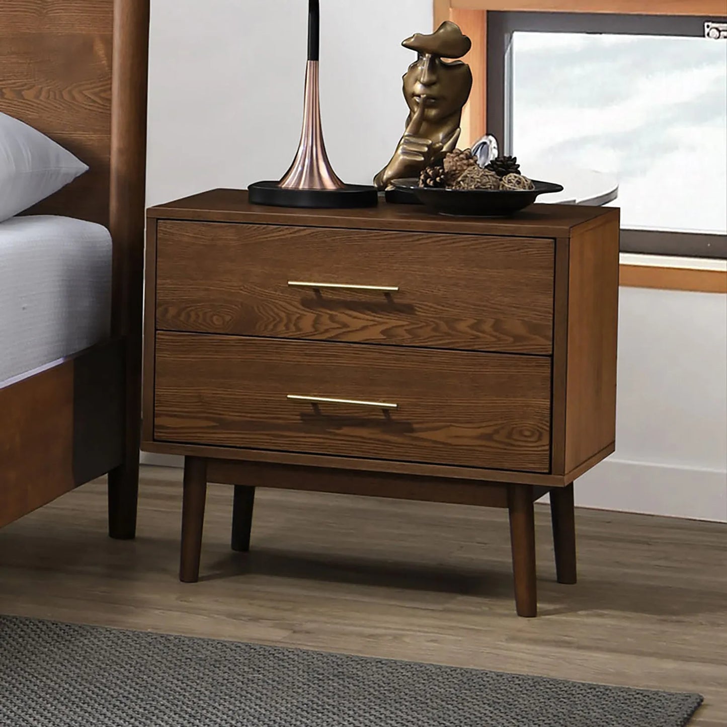 Gorgeous Walnut 3pc Bedroom Set King Size Bed 2x Nightstands Beige Upholstered Fabric Winged Edge Panel HB Mid-Century Modern Style – view 5