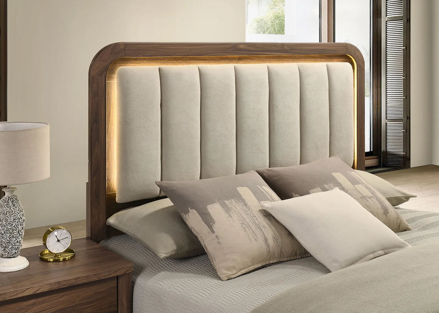 Walnut Gorgeous Queen Size Bed Nightstands Set Panel Bed HB w LED Warm Light Bedroom Set 3pc – view 5