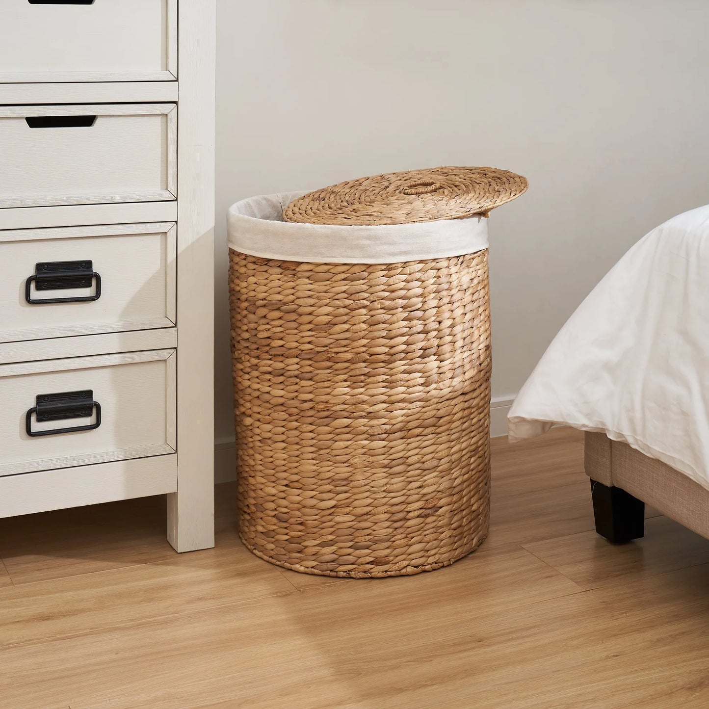 Round Tall Water Hyacinth Woven Wicker Laundry Hamper with Lid - For Clothes, Canvas, Toys and Book Storage with Removable Liner - 15' x 15' x 20'  – view 5
