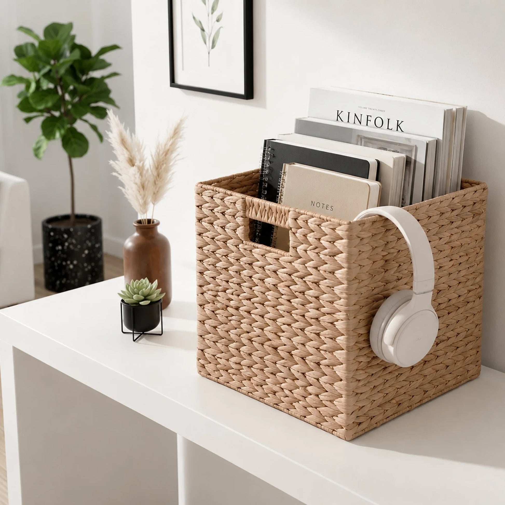 Water Hyacinth Folding Storage Baskets, Set of 2, Natural, 12.6' x 12.6' x 12.6', Handwoven Cube Baskets with Cutout Handles – Shelf Organizer, Toy – view 5