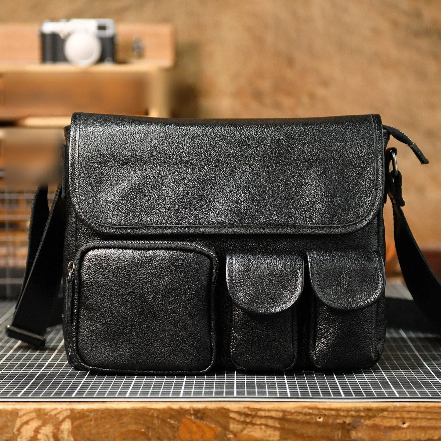 Black first-layer cowhide messenger bag full front view