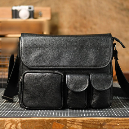 Black first-layer cowhide messenger bag full front view