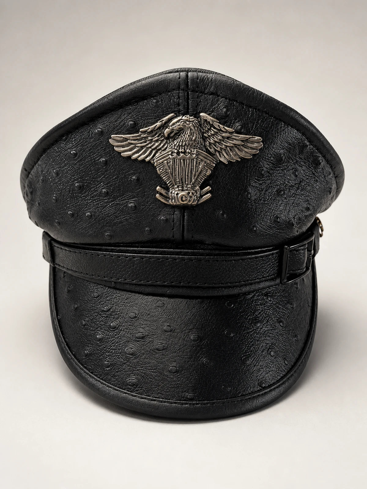 Black ostrich-texture genuine leather captain cap front view