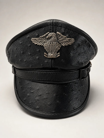 Black ostrich-texture genuine leather captain cap front view