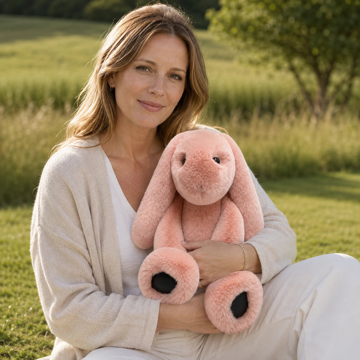 Blush Pink genuine Rex rabbit fur lop bunny doll held outdoors in natural daylight