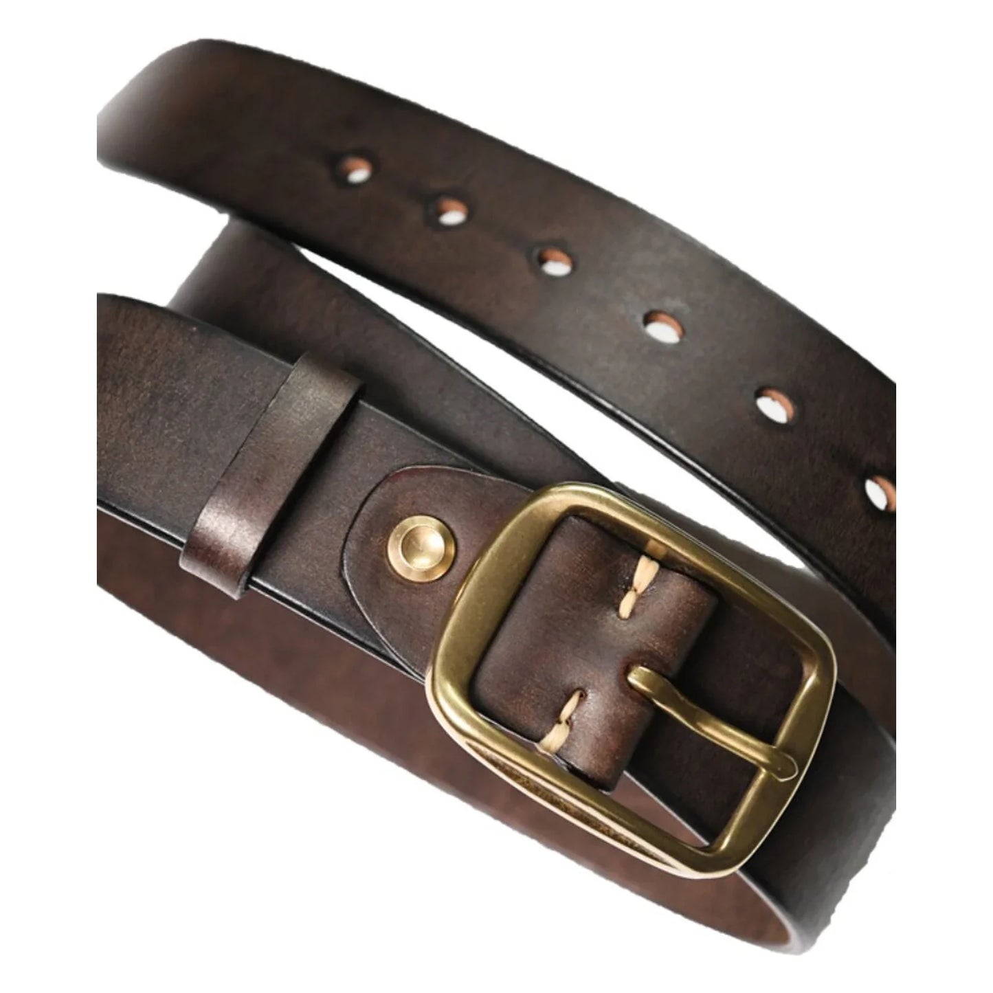 Full view of brown top-grain cowhide belt and buckle