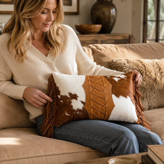 Woman holding a brown and ivory laced cowhide lumbar pillow on a neutral sofa