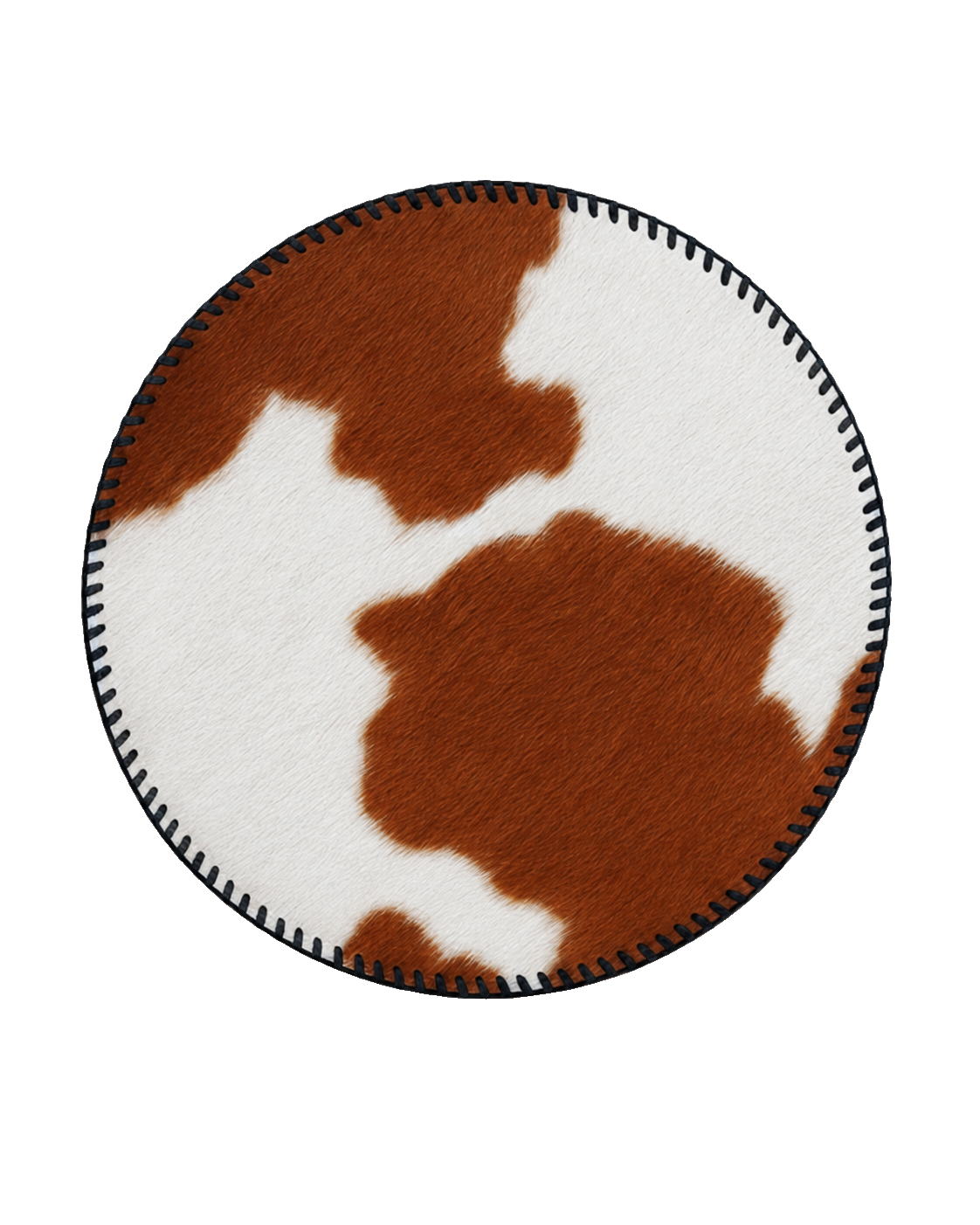 Brown and ivory genuine cowhide round placemat with hand-laced border on transparent background
