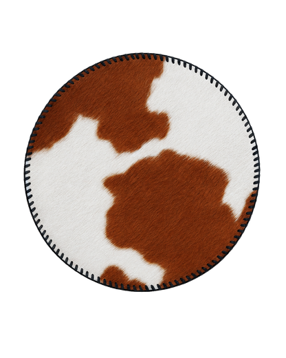 Brown and ivory genuine cowhide round placemat with hand-laced border on transparent background