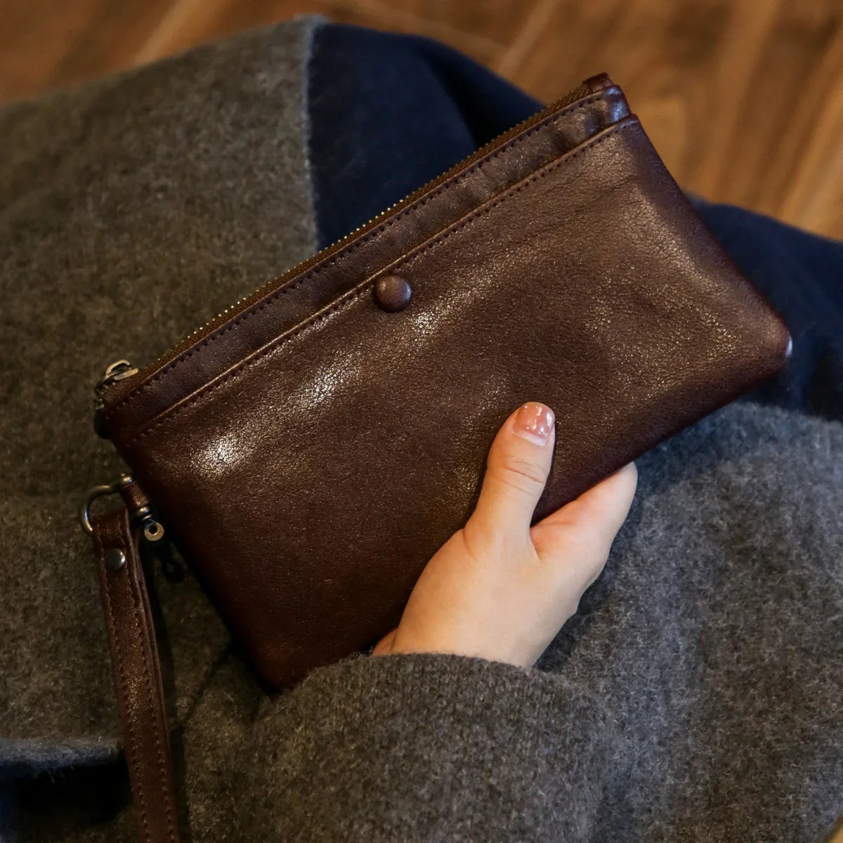 Coffee brown leather long wallet front view
