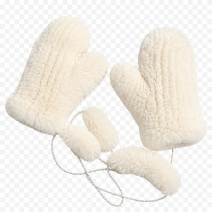 Cream Beige genuine Rex rabbit fur knit mittens, product view