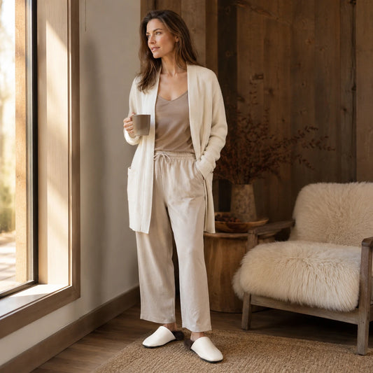 Cream mink fur-trim mule slippers worn in a naturally lit home
