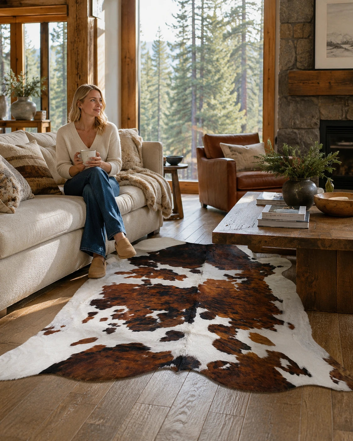 Woman seated beside a dark brown and ivory genuine cowhide rug in a warm cabin living room