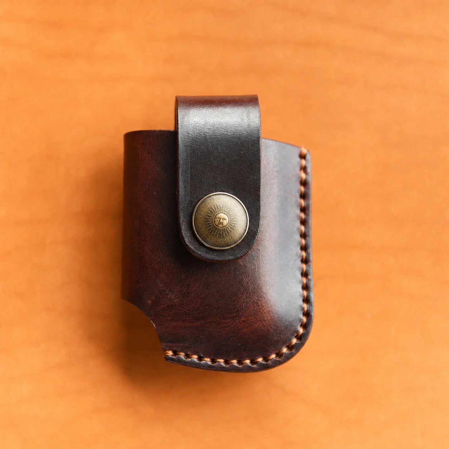 Dark coffee top-grain cowhide lighter case with snap closure
