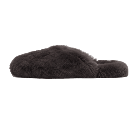 Deep Brown genuine rabbit fur closed-toe house slippers on a transparent background