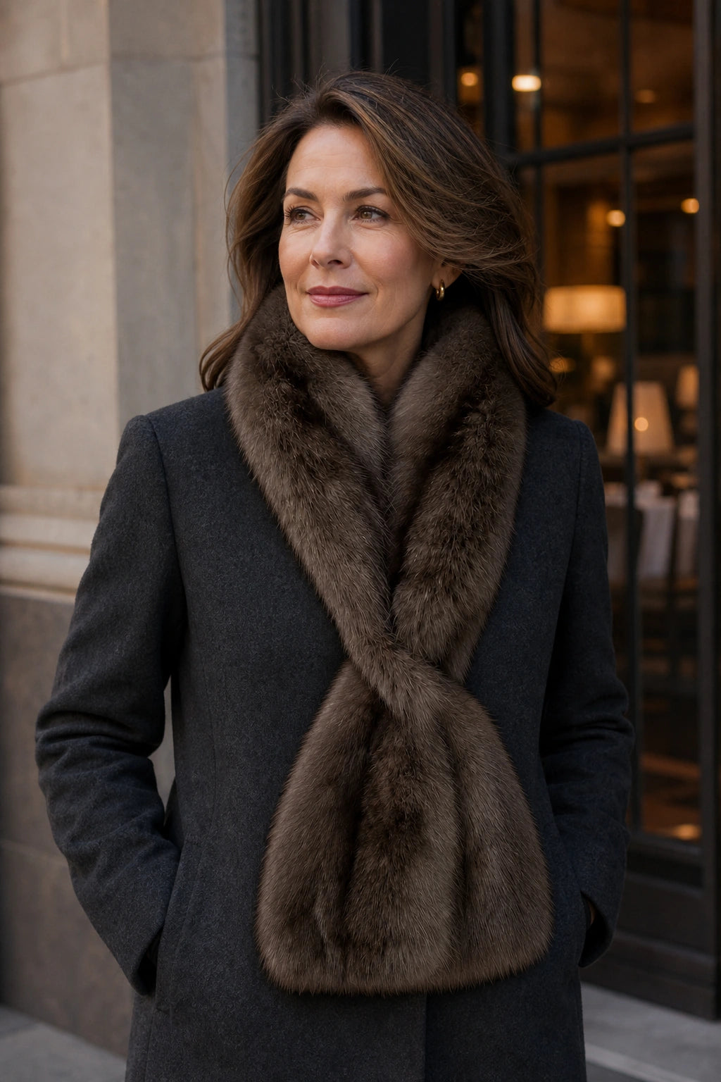 American woman over 45 wearing a Deep Mocha Brown rectangular fur scarf from office to dinner