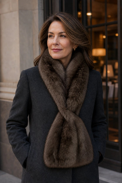 American woman over 45 wearing a Deep Mocha Brown rectangular fur scarf from office to dinner