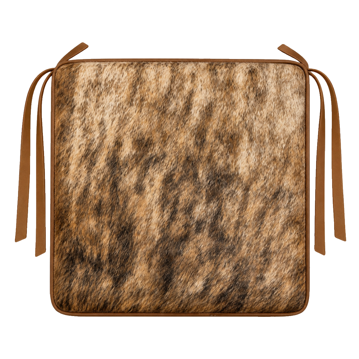 Golden brown brindle genuine cowhide square chair pad with leather border and tie straps on transparent background